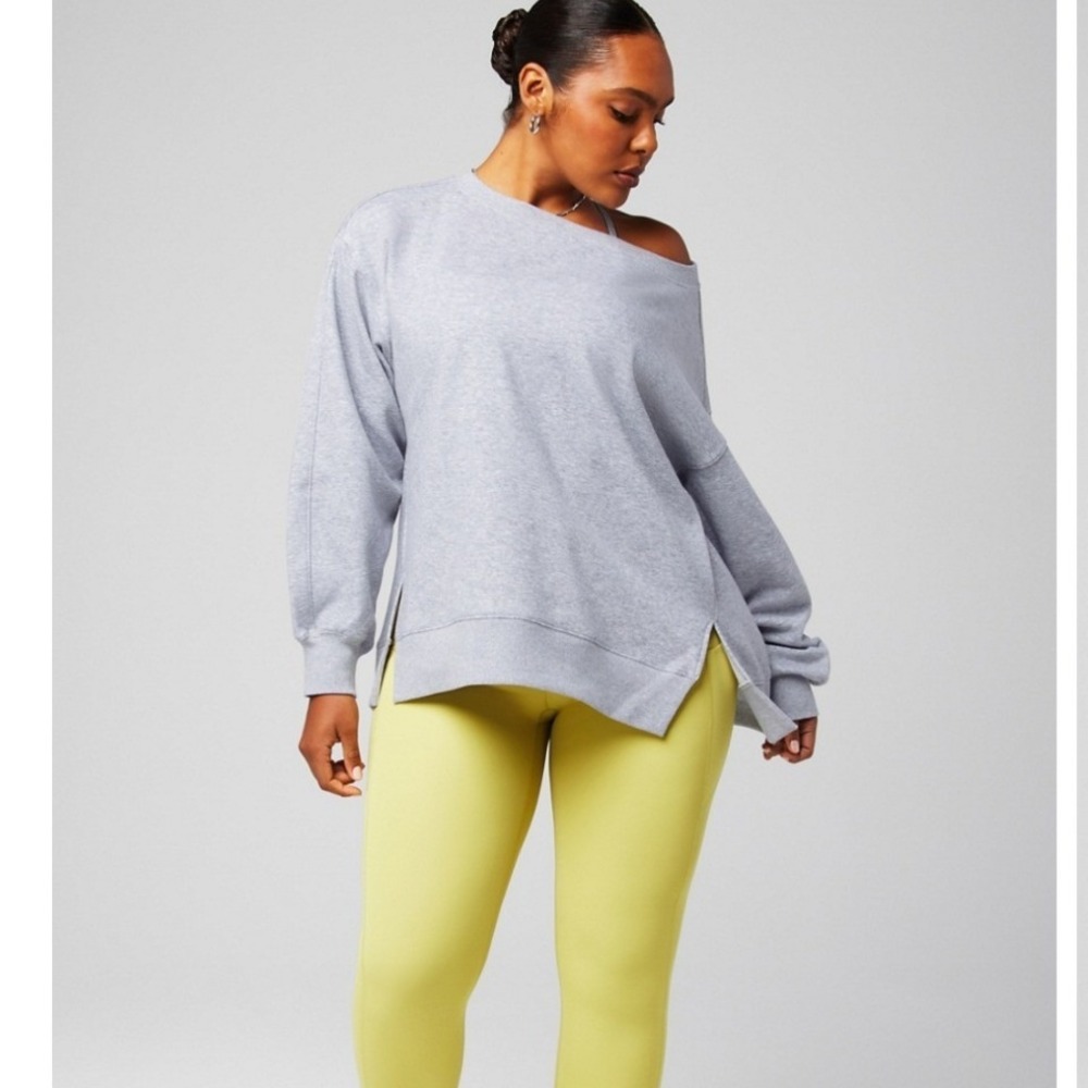Fabletics Women's XL Grey Heather Boat Neck Drop Shoulder Oversized‎ Sweatshirt